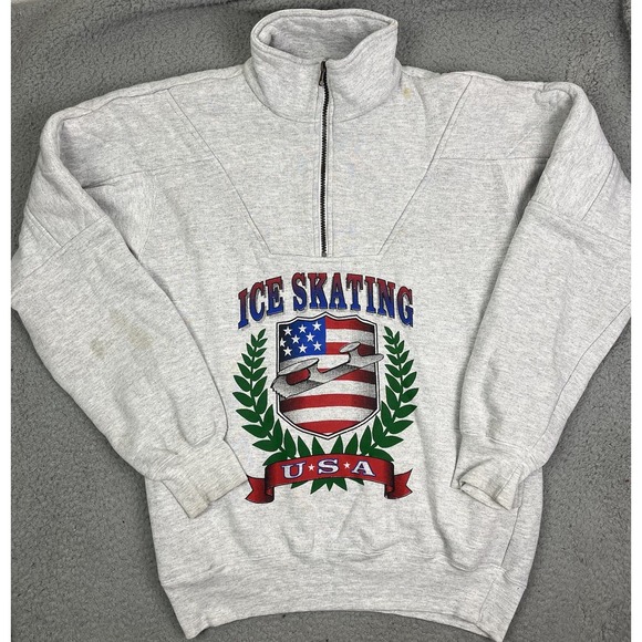 Other - Vintage USA Ice Skating 1/4 Zip Sweater Grey Sweatshirt Pockets Size‎ Medium